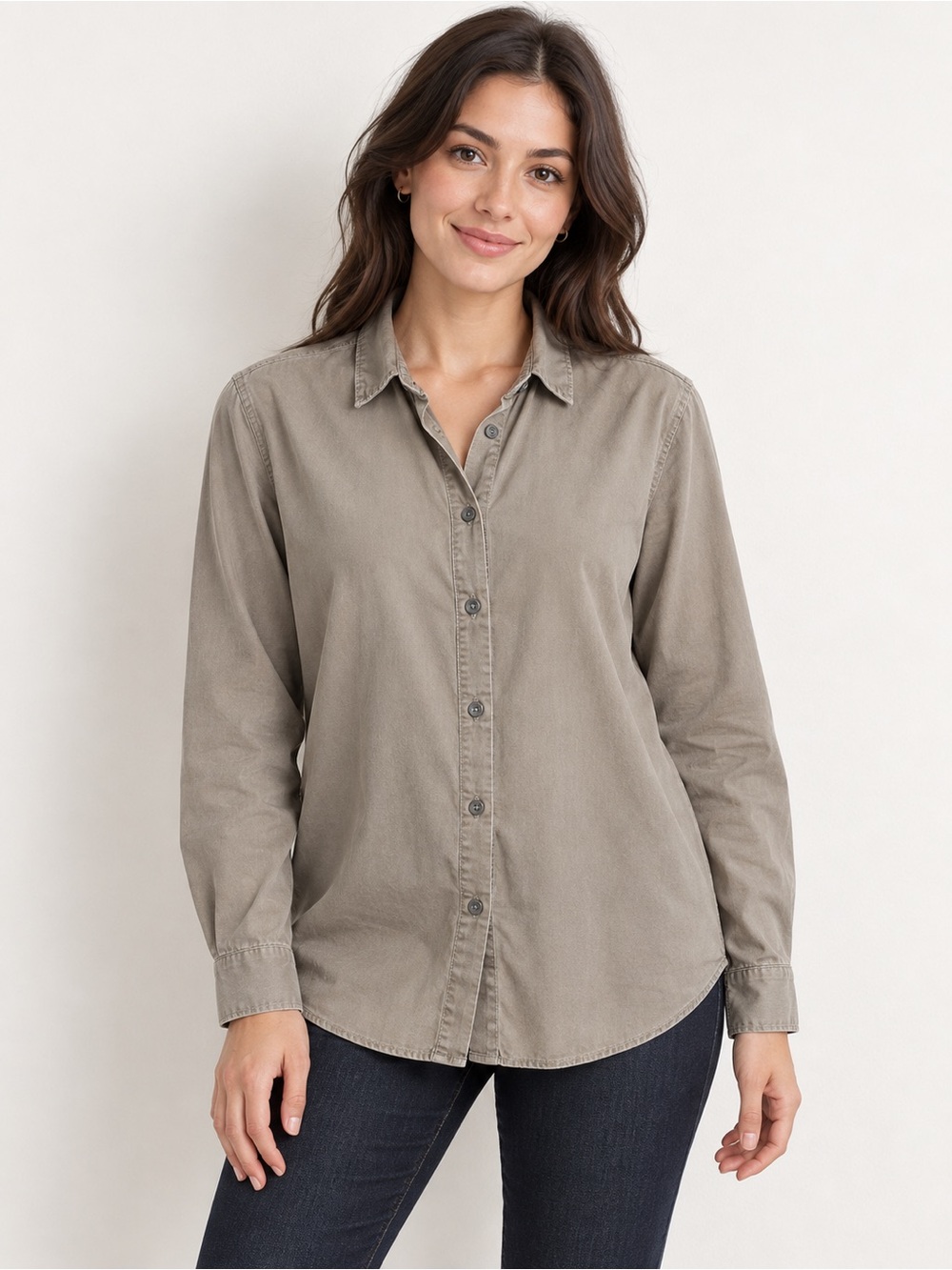 J. Jill Women's Button-Down Shirt - Taupe Green Medium